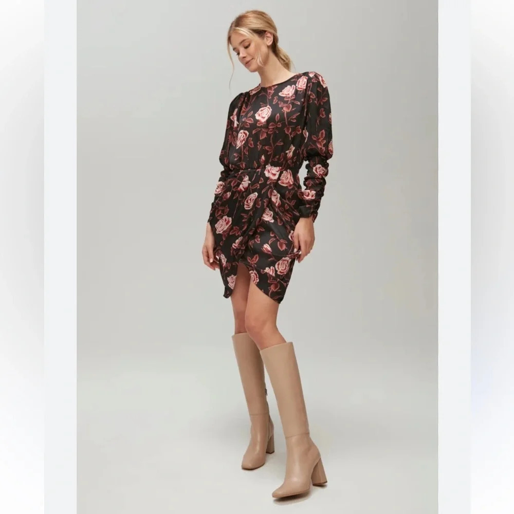 Zara Rose Print on Black Sheer Long Sleeve Midi Dress sz M